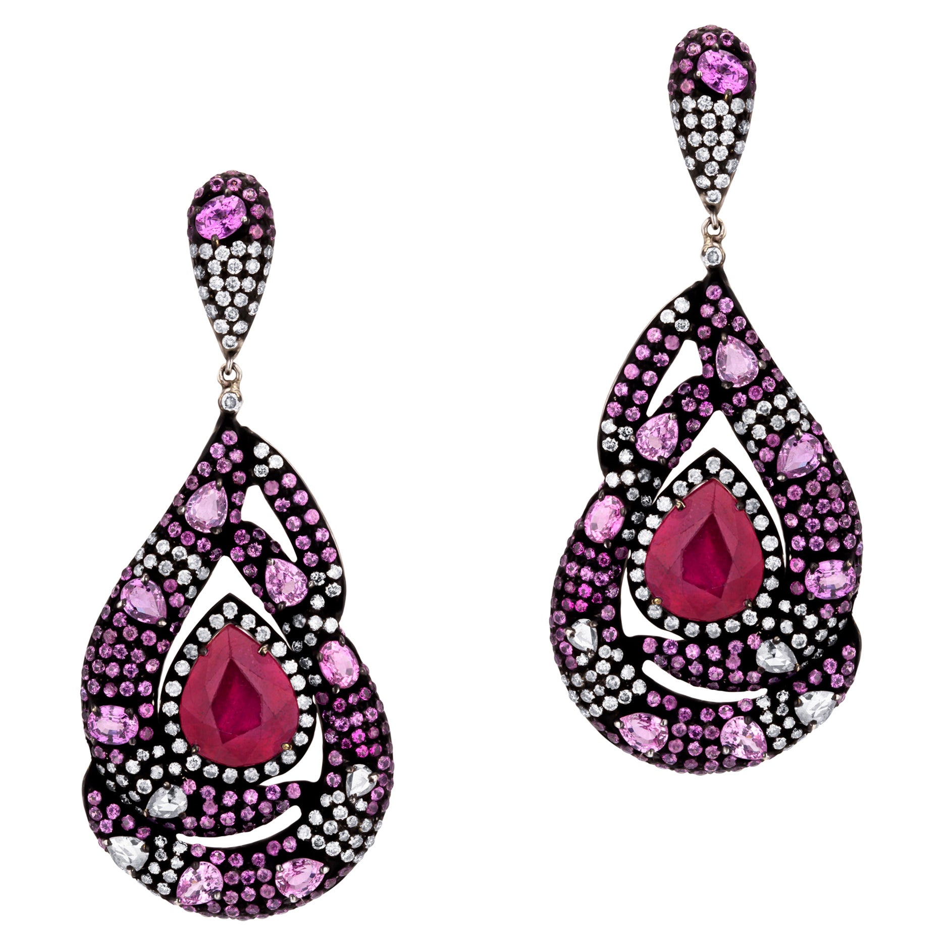 Ruby and Sapphire Earrings with Pearl For Sale at 1stDibs