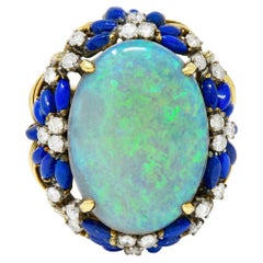 1960's Vintage Opal Lapis Diamond 18 Karat Gold Statement Ring