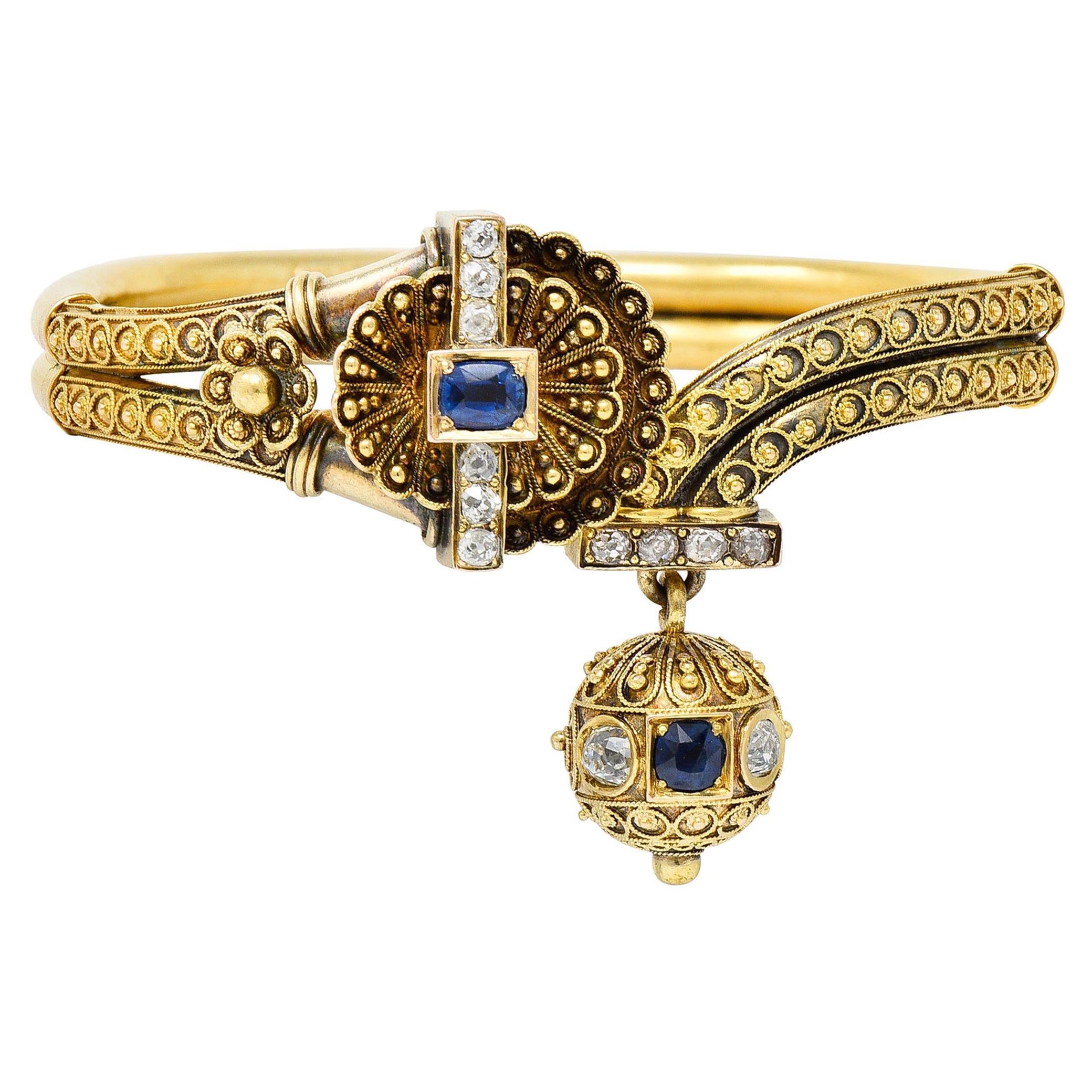 Victorian Etruscan Revival Sapphire Diamond 14 Karat Yellow Gold Cuff Bracelet