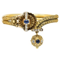 Antique Victorian Etruscan Revival Sapphire Diamond 14 Karat Yellow Gold Cuff Bracelet