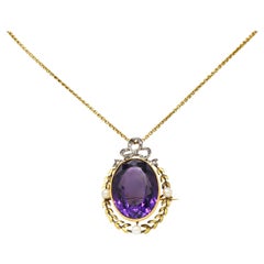 Edwardian Amethyst Diamond Pearl 14 Karat Gold Silver Laurel Pendant Necklace