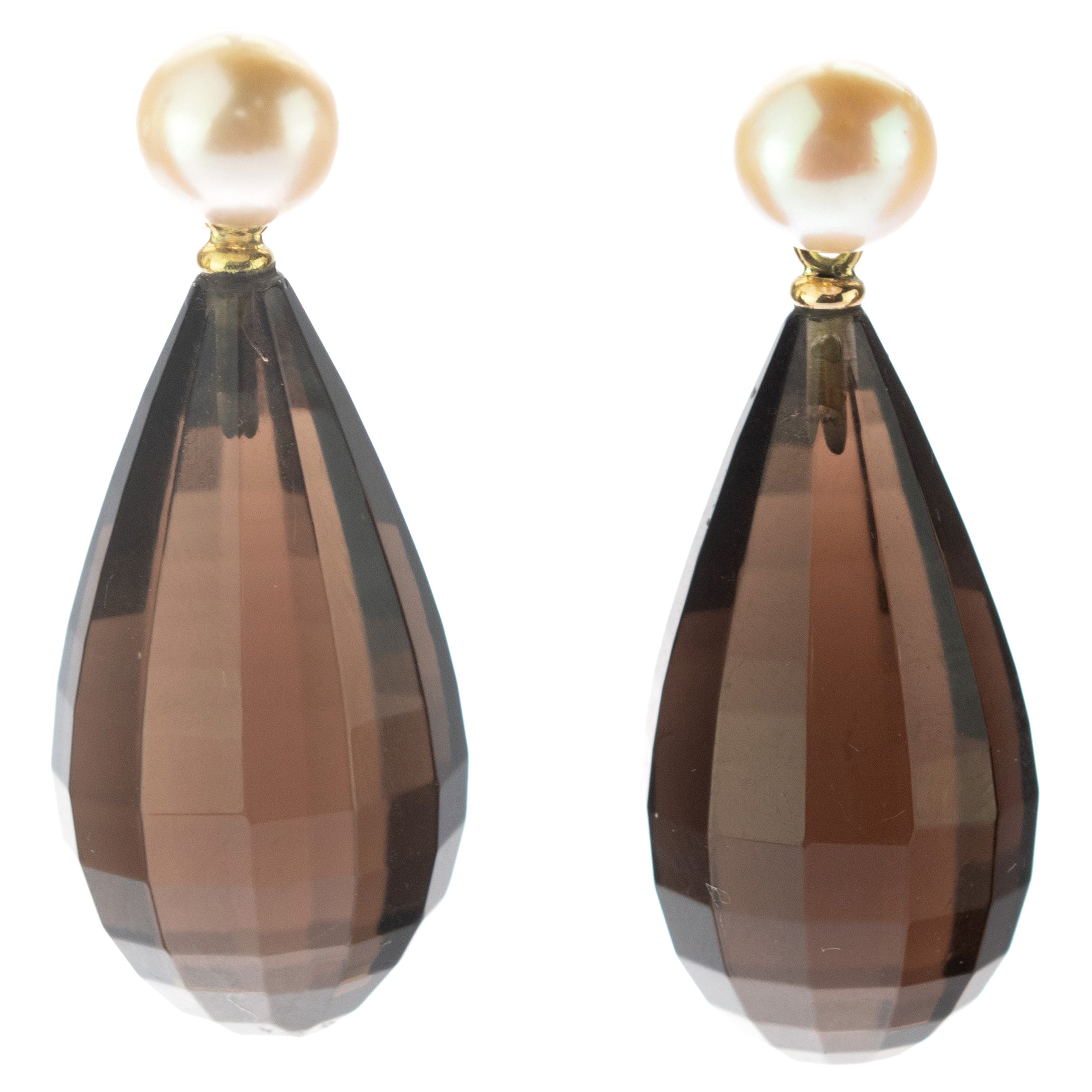 Quartz Fume Faceted Freshwater Pearl Drop Brown 18 Karat Gold Drop Chic Earrings For Sale