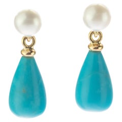 Turquoise Pearl Drop 18 Karat Gold Pear Tear Drop Modern Cocktail Chic Earrings