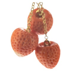 Strawberry Carved Coral 18 Karat Gold Handmade Italy Pendant Summer Necklace