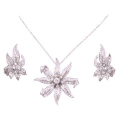 Vintage Floral Diamond Platinum Necklace and Earring Set