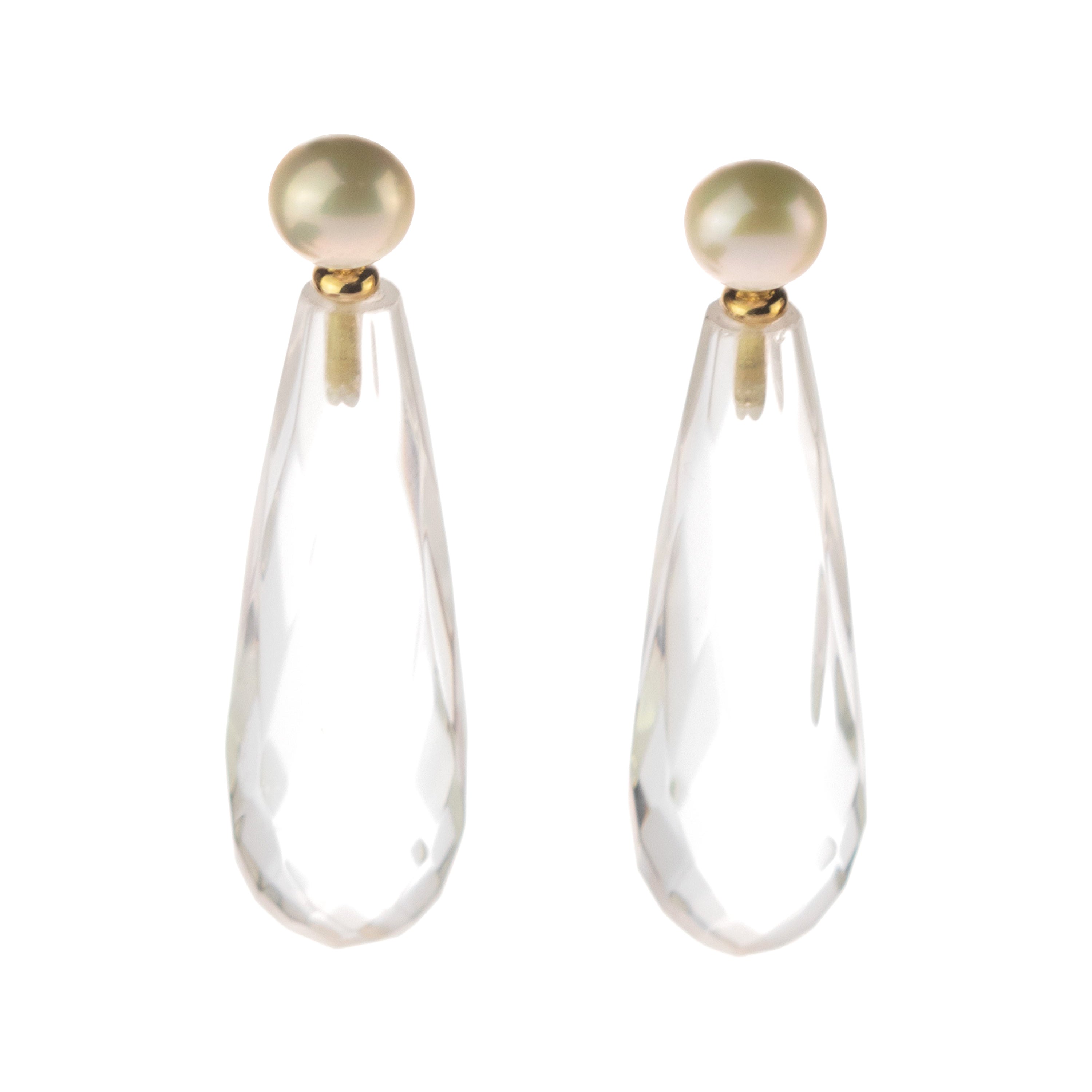 Quartz Rock Crystal Pearl 18 Karat Gold Tear Drop Dangle Modern Italian Earrings For Sale