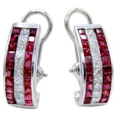 Ruby & Diamond 18K White Gold Princess Cut Huggie Earrings Channel Set Hoops