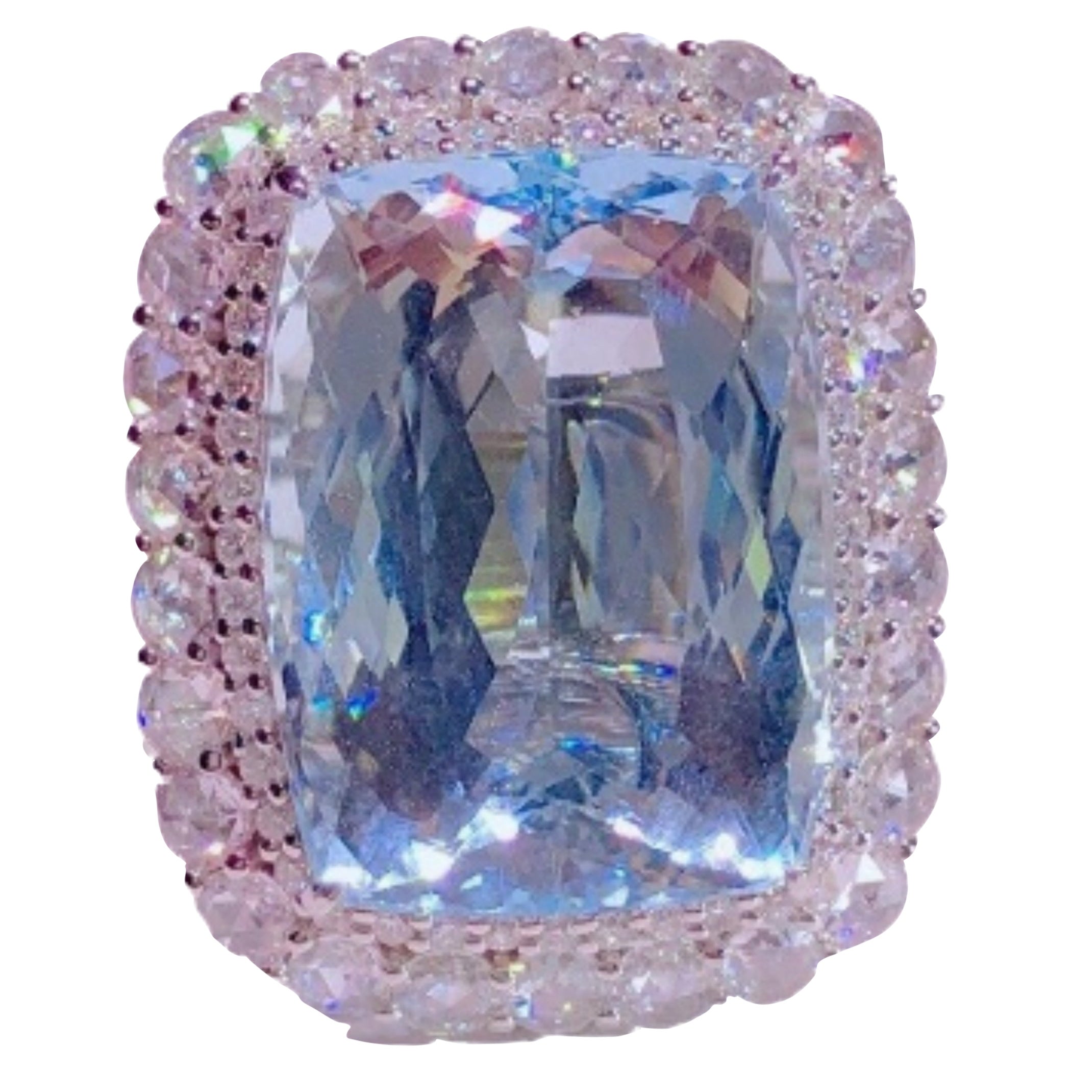 19.5 Carat Aquamarine Diamond Ring Duel Use as Pendant 18 Karat White Gold For Sale