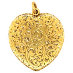 Antique Victorian 14 Karat Engraved Gold Heart Locket Pendant
