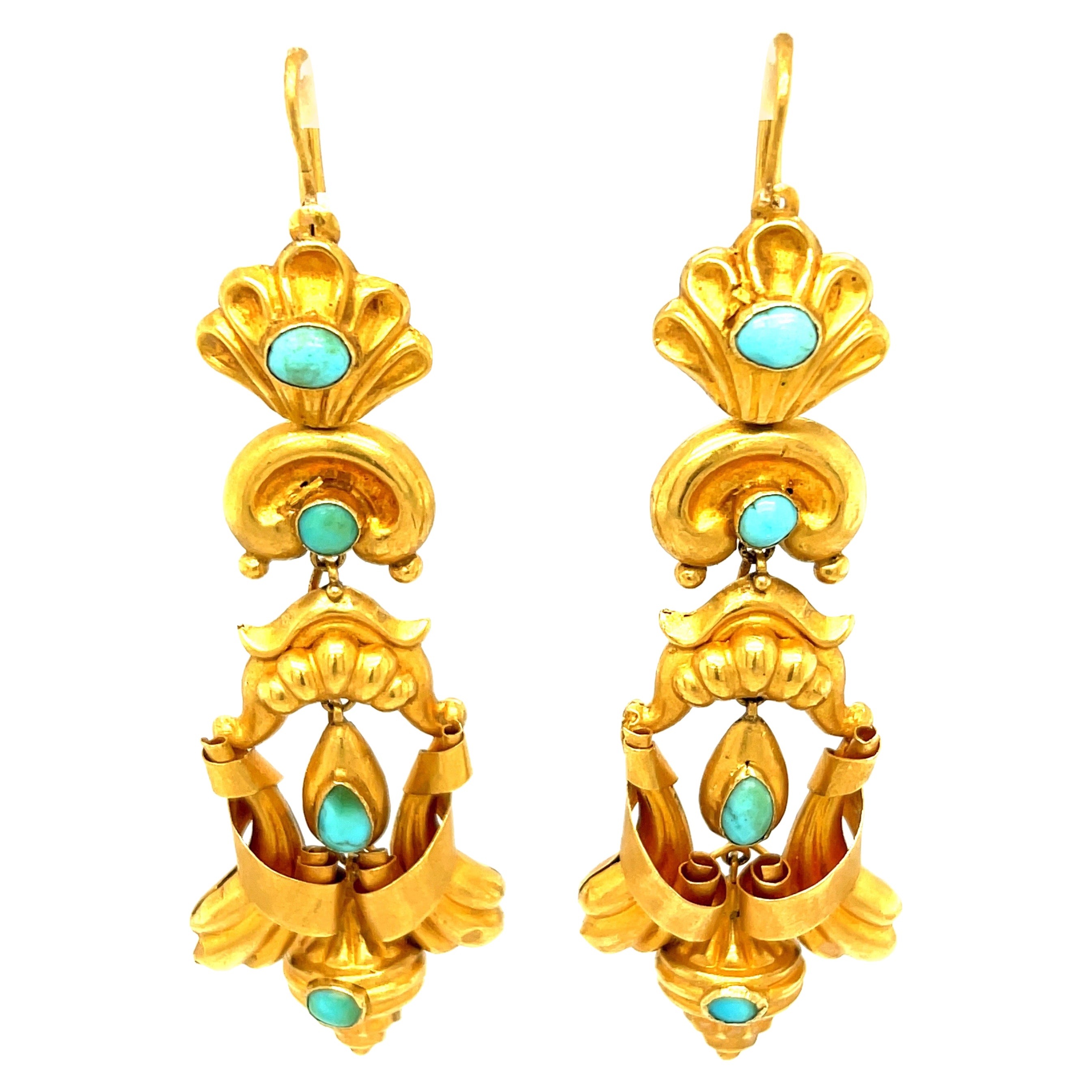 Antique Georgian 15 Karat Gold Turquoise Pendant Earrings For Sale