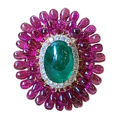 Natural Emerald and Rubellite Ring Set in 18 Karat Gold and Diamond