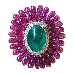 Bague en or 18 carats et diamant sertie d'émeraudes naturelles et de rubellite