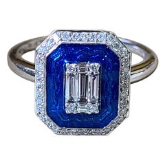 Natural Diamond and Blue Enamel Ring Set in 18 Karat Gold