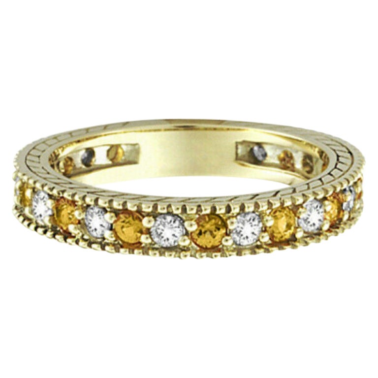 0.90 Carat Natural Diamond & Yellow Sapphire Ring Band 14K White Gold
