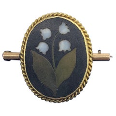 Pietra Dura Lily of the Valley Flower Brooch Pin 14 Karat Gold Antique Victorian