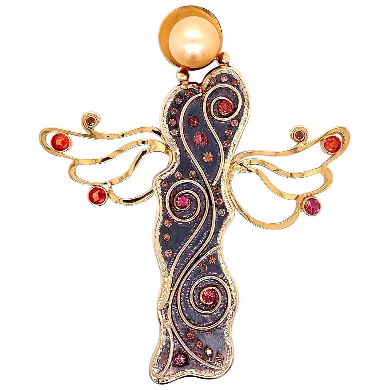 18 Karat and Sterling Silver Angel Brooch with Diamonds and Sapphires For Sale