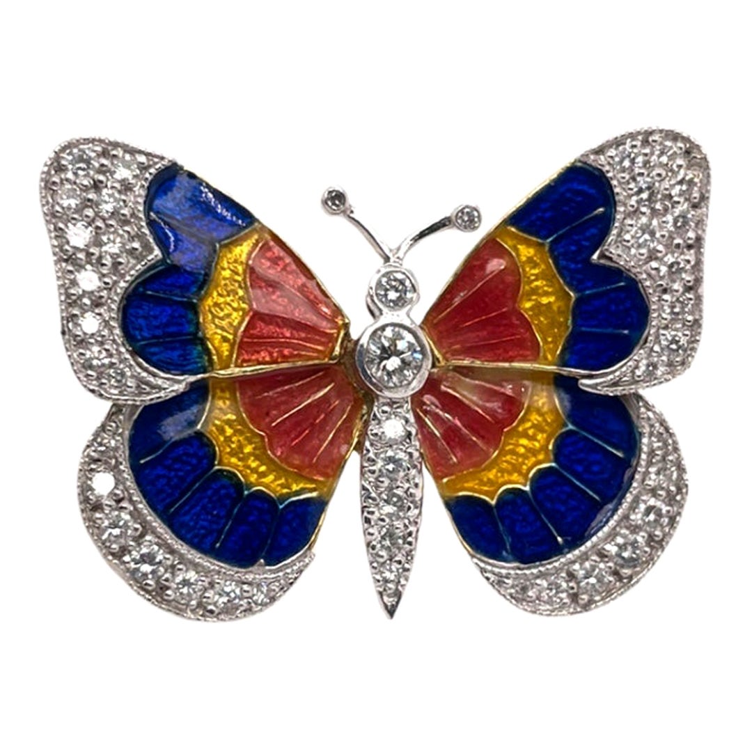 18k Yellow Gold & Platinum Diamond & Enamel Butterfly Brooch