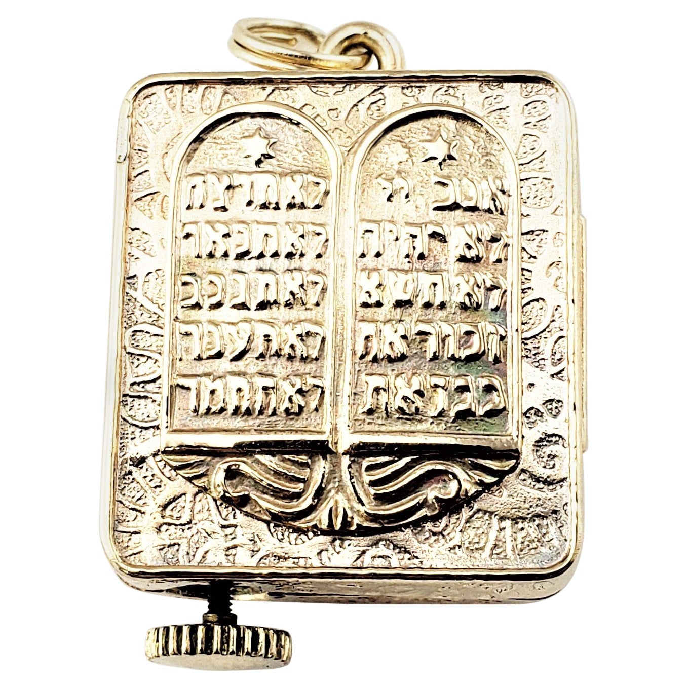 14 Karat Yellow Gold Torah Judaica Ten Commandments Mechanical Music Box Charm For Sale