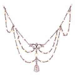 Antike Edwardianische Bib-Halskette, Estate Fine Jewelry, Diamant, Saatperlen, Platin