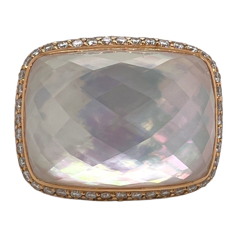 Bague Cocktail Or Jaune 14 Carats Avec Nacre Et Zircone Cubique – Taille 7, Occasion, Style Dôme