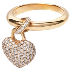 Dangling Heart Charm Pave Diamond 18 Karat Pink Gold Ring
