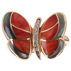 Mother of Pearl, Agate, & Diamond Butterfly Ring 18K