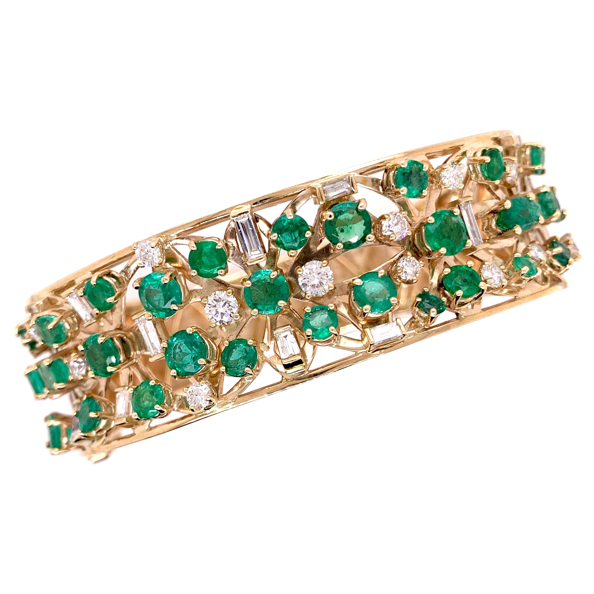 Emerald and Diamond Cuff Bangle Bracelet in 14k Yellow Gold