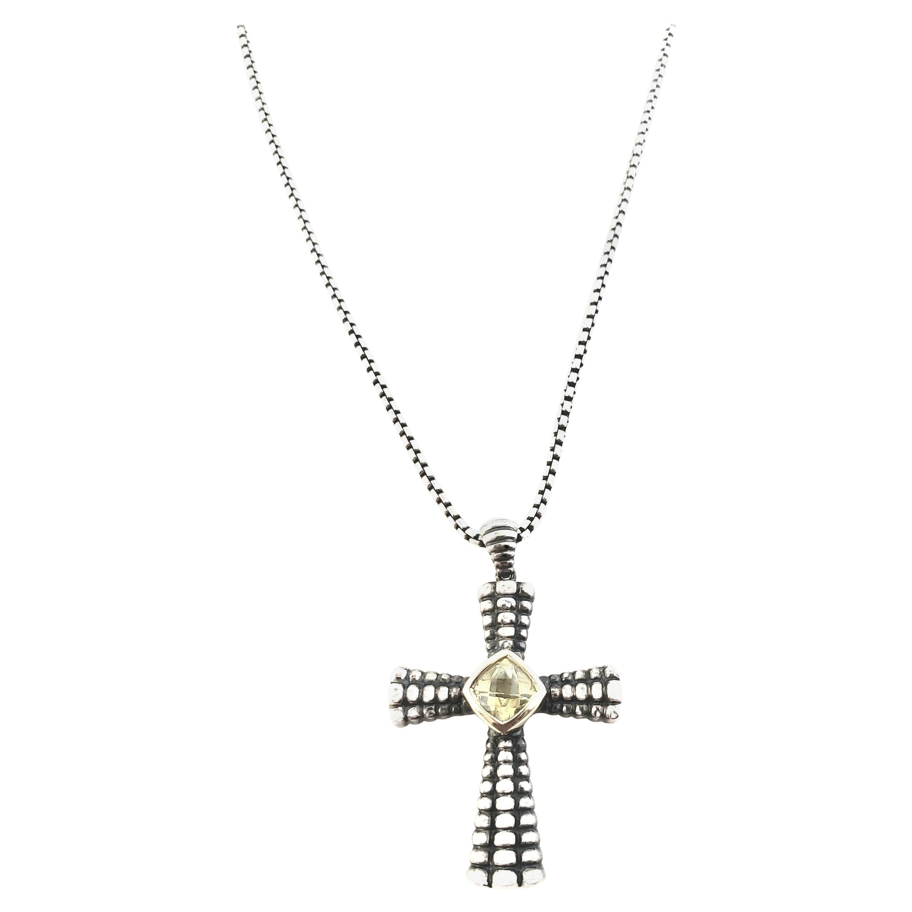 Sterling Silver 14K Citrine Oxidized Cross Pendant Necklace For Sale