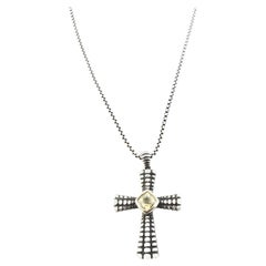 Vintage Sterling Silver 14K Citrine Oxidized Cross Pendant Necklace