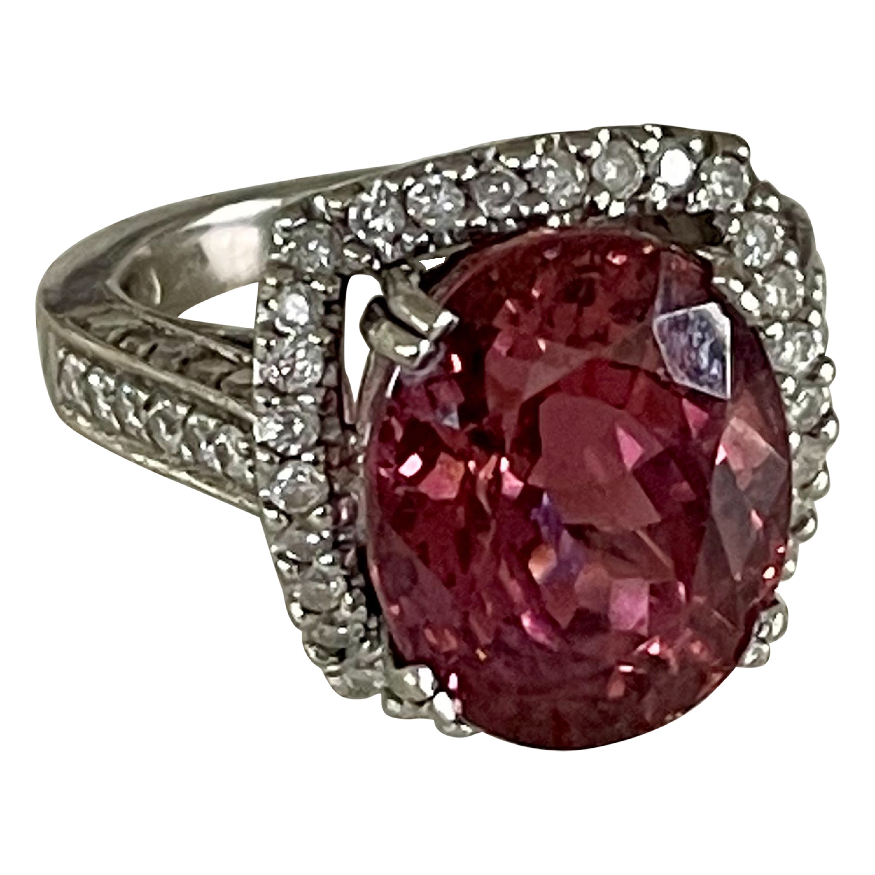 Oval Cut Pink Tourmaline and Brilliant Cut Diamond 14 Karat White Gold Ring For Sale