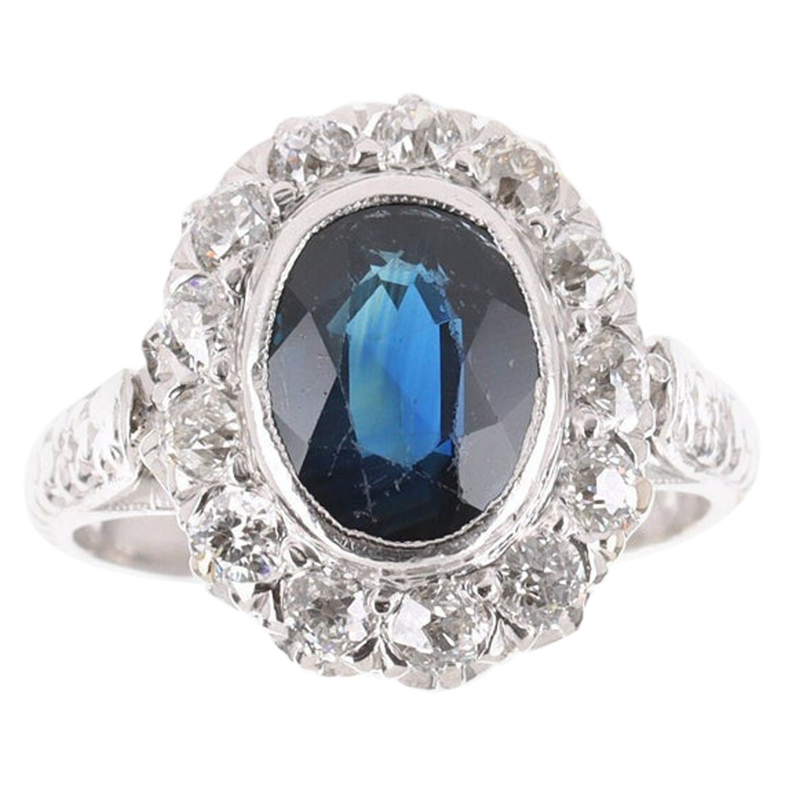 2.70tcw Vintage Natural Sapphire & Diamond Halo Platinum Ring For Sale