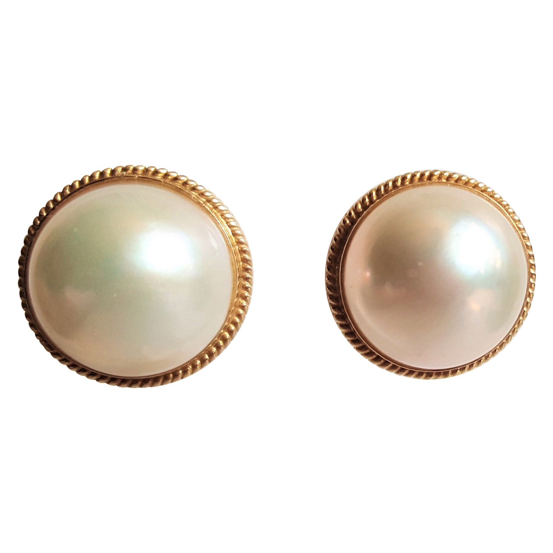 14kt Yellow Gold Mabe Pearl Earrings, Design Wahing, Friction Post For Sale