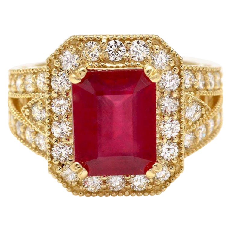 8.20 Carats Natural Red Ruby and Diamond 14K Solid Yellow Gold Ring For Sale