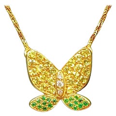 Necklace Butterfly Shaped 18 Karat Yellow Sapphire Emerald Diamond