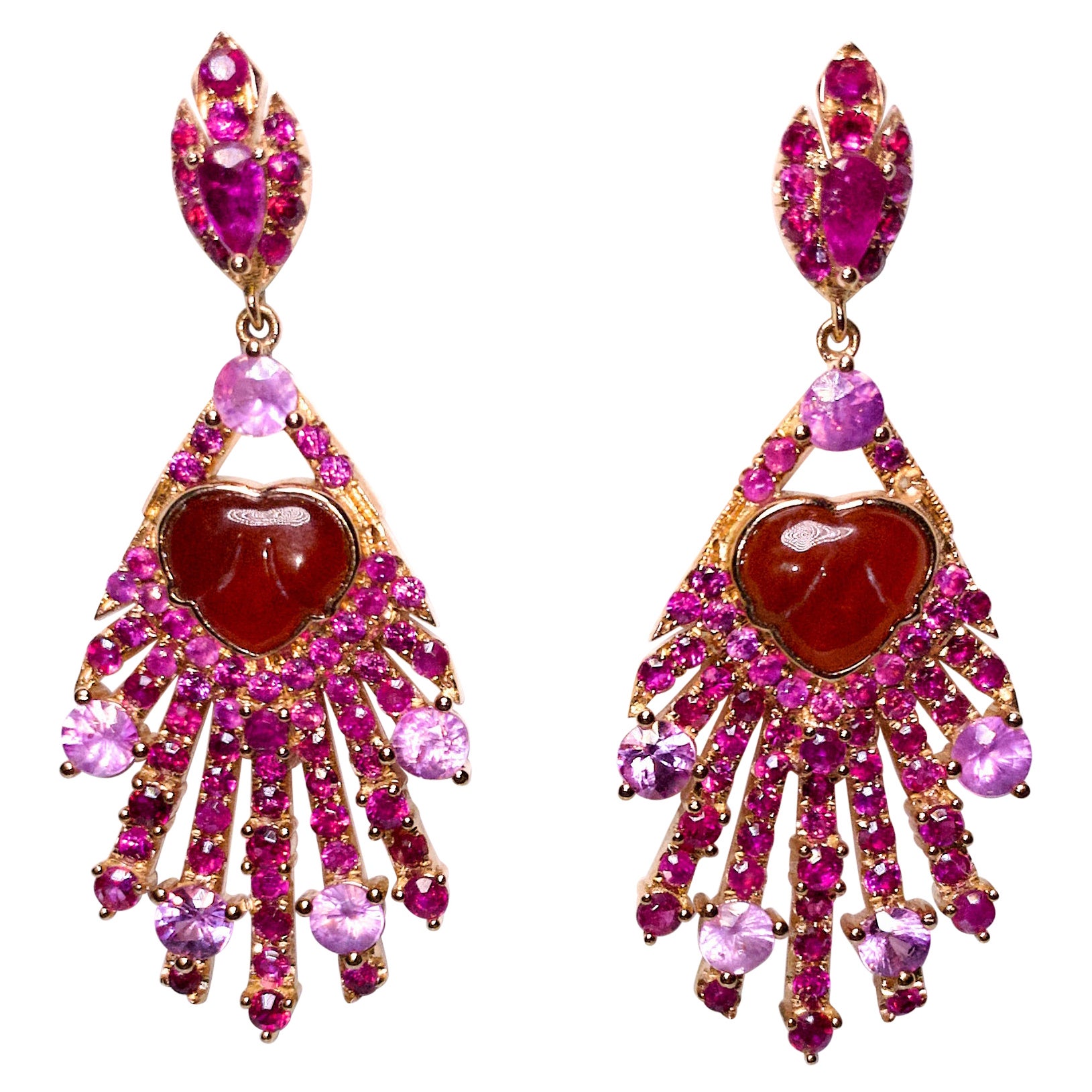 Type A Natural Red Jadeite Jade, Ruby and Pink Sapphire Earring in 18k Rose Gold