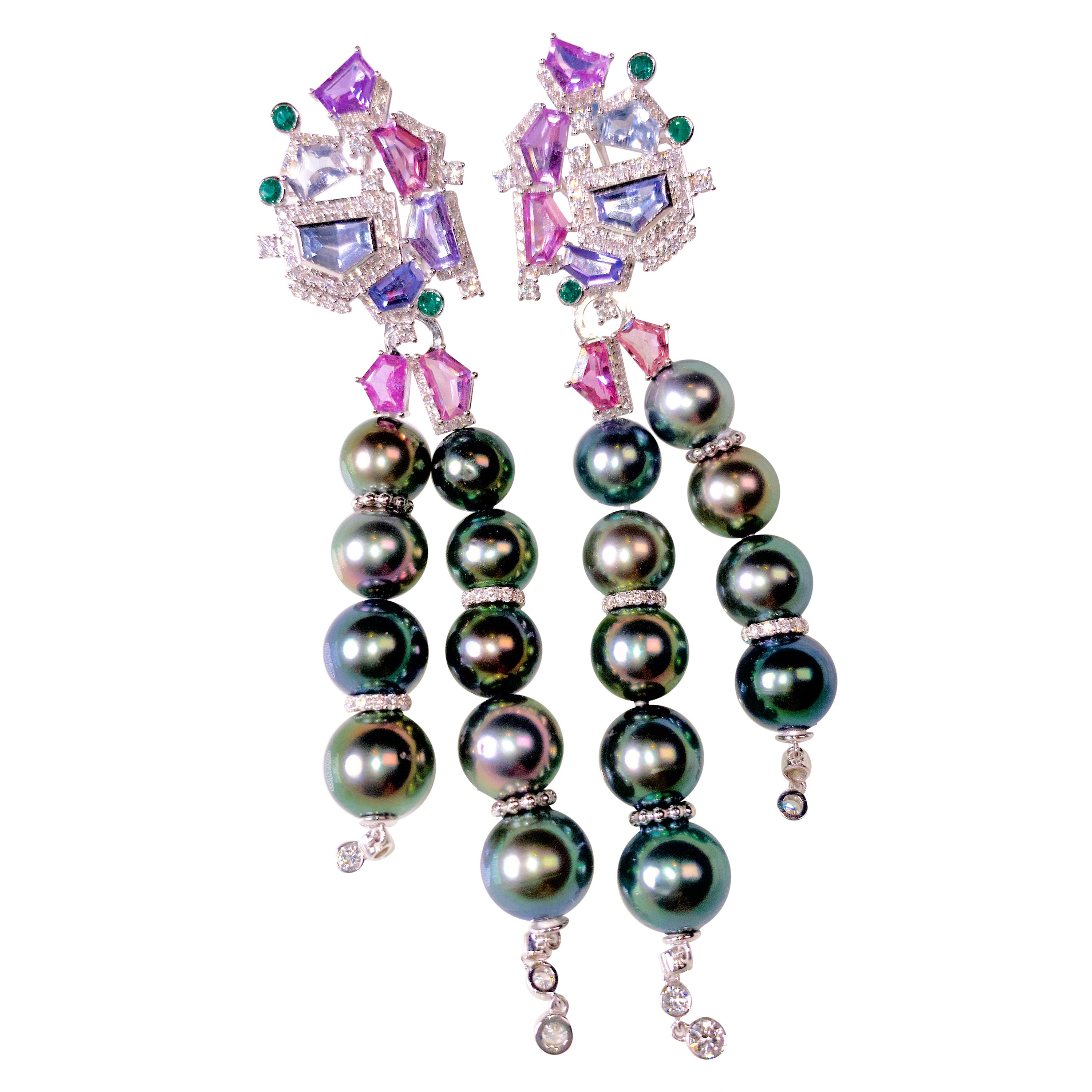 Eostre Sapphire, Tahitian Pearl and Diamond Detachable Earring in 18K White Gold For Sale