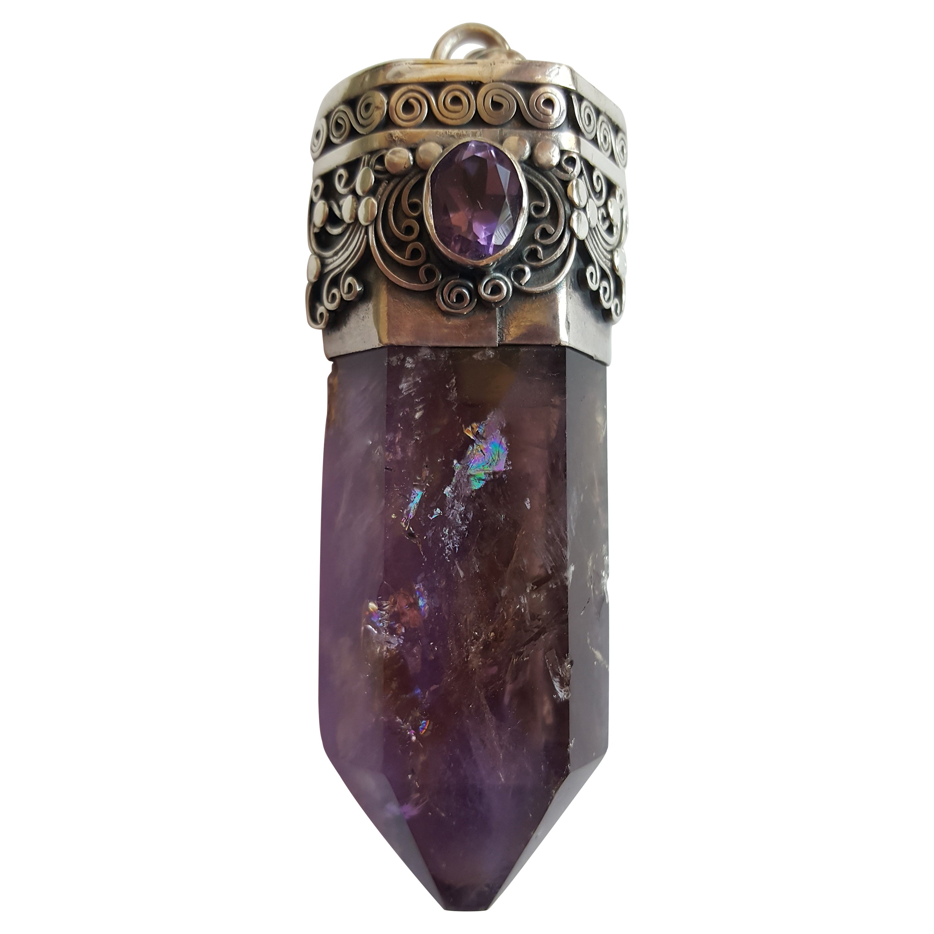 Silver Amethyst Pendant, Rich Purple Intricate Hand Fabricated Design, XL Size