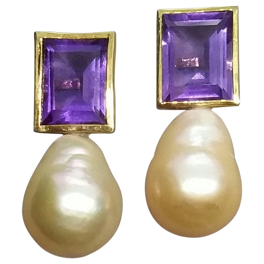 Rectangular Faceted Amethyst 14 K Yellow Gold Cream Baroque Pearls Stud Earrings For Sale