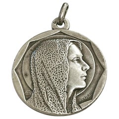 Antique C. Charl Signed 1930s Art Deco Silver Virgin Mary Medal Pendant