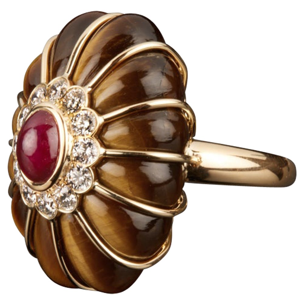 Veschetti 18 Kt Yellow Gold, Tiger's Eye, Ruby, Diamonds Cocktail Ring For Sale