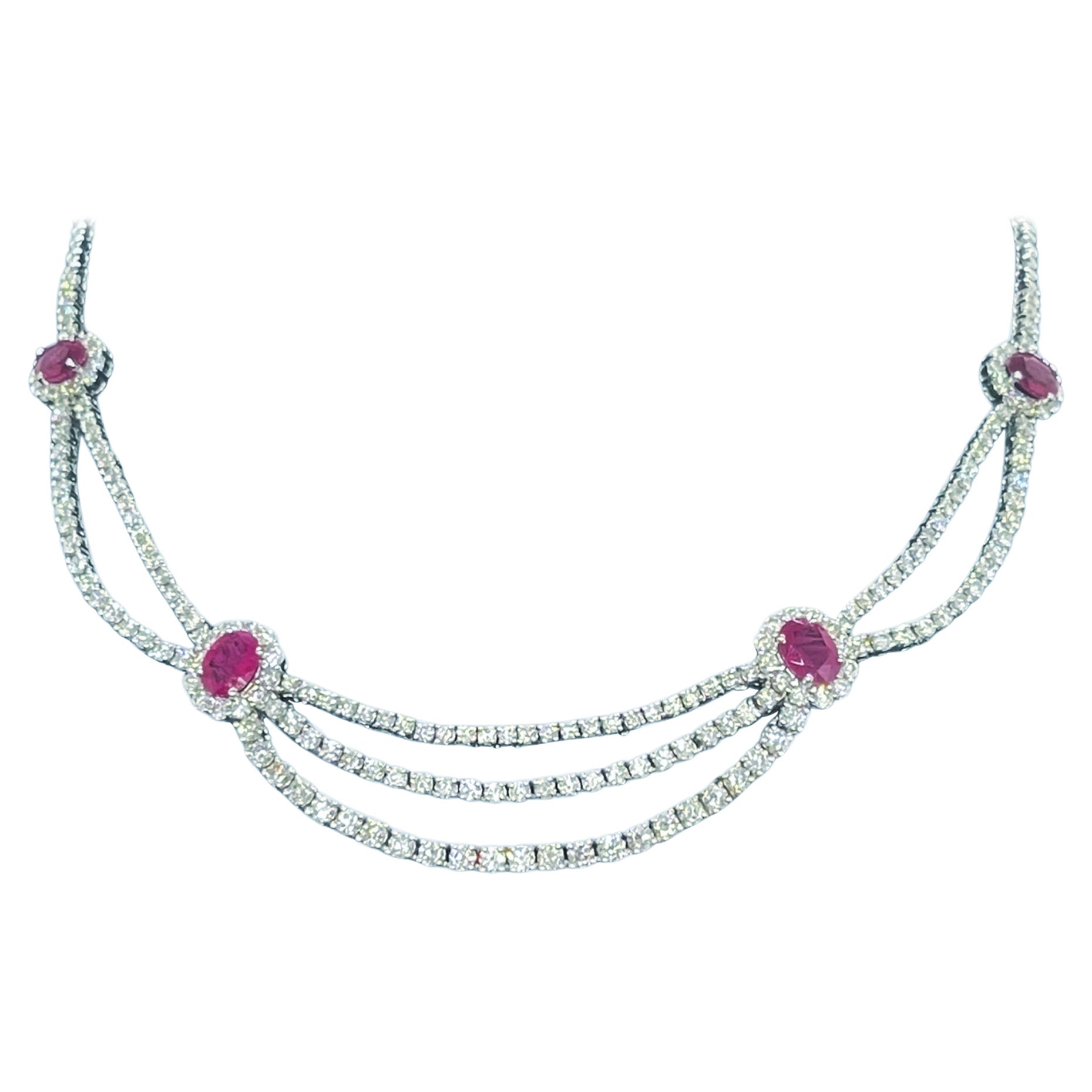 Vintage Diamond Ruby Necklace 18 Karat White Gold For Sale