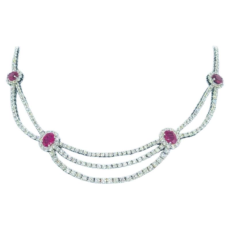 Ruby with Diamond Necklace Set in 18 Karat Gold Setting For Sale at 1stDibs