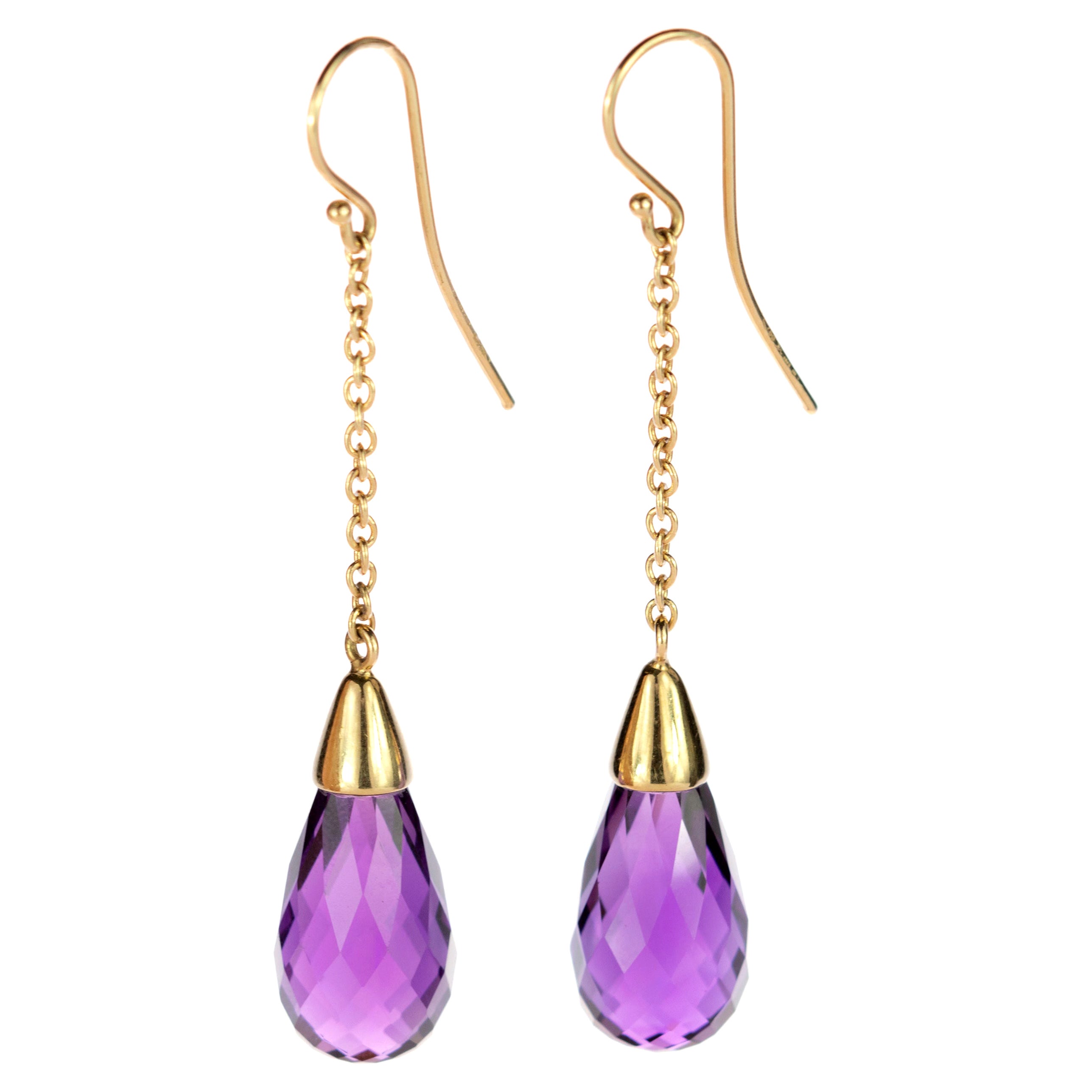 18 Karat Gold Long Chain Pendulum Purple Amethyst Briolette Handmade Earrings For Sale