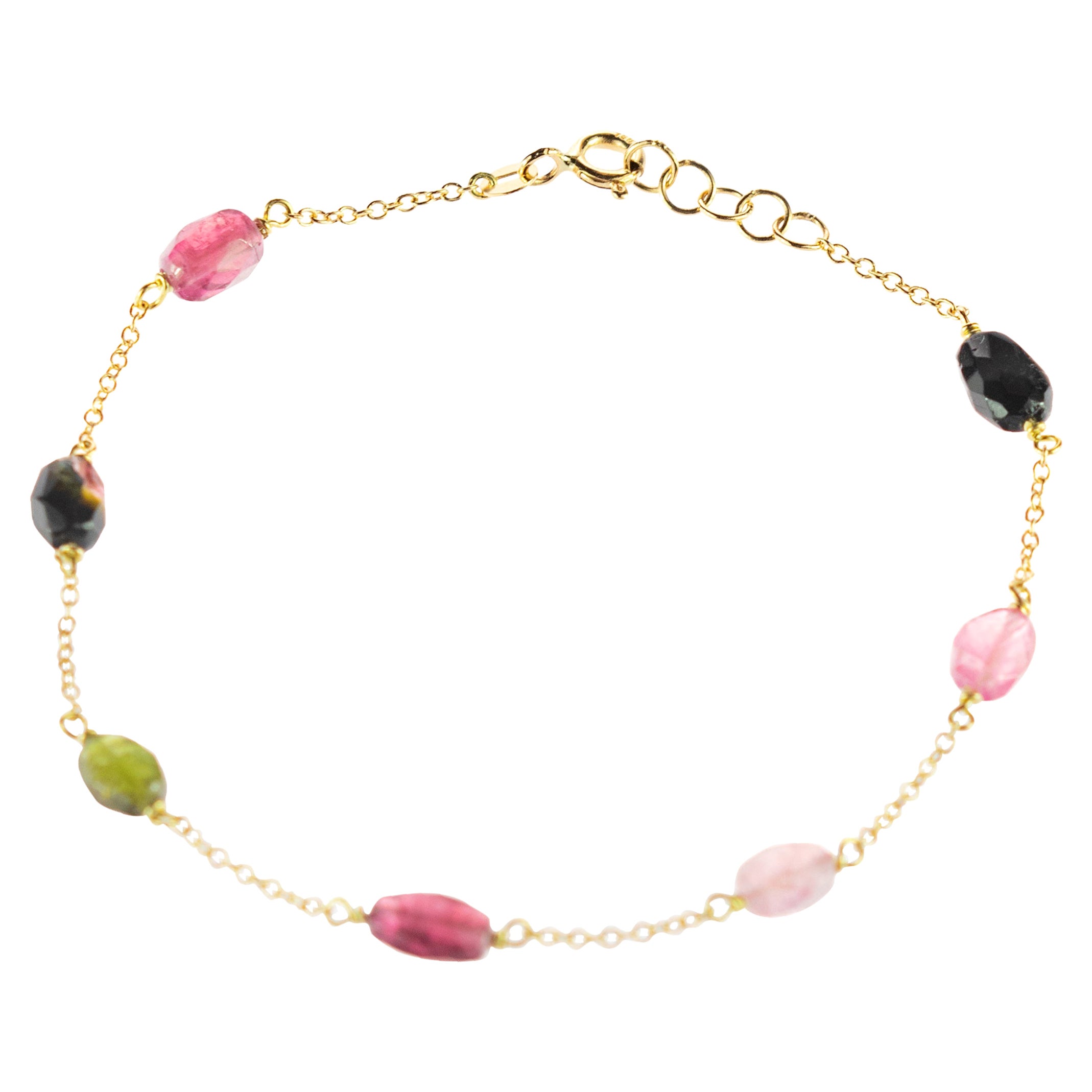 Intini Jewes 18 Karat Gold Chain Tourmaline Oval Colorful Rainbow Bracelet For Sale