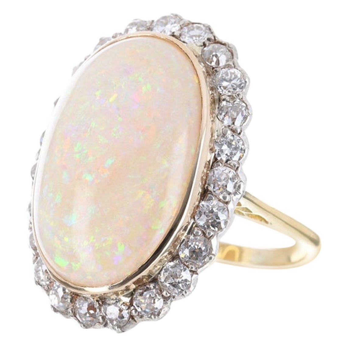 21.60tcw Antique Victorian Large Opal & Old Mine Diamond Cocktail 1900s Ring 14K