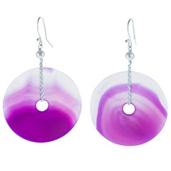 Round Purple Agate Freshwater Pearl Dangle Donut Sterling Silver Drop Earrings