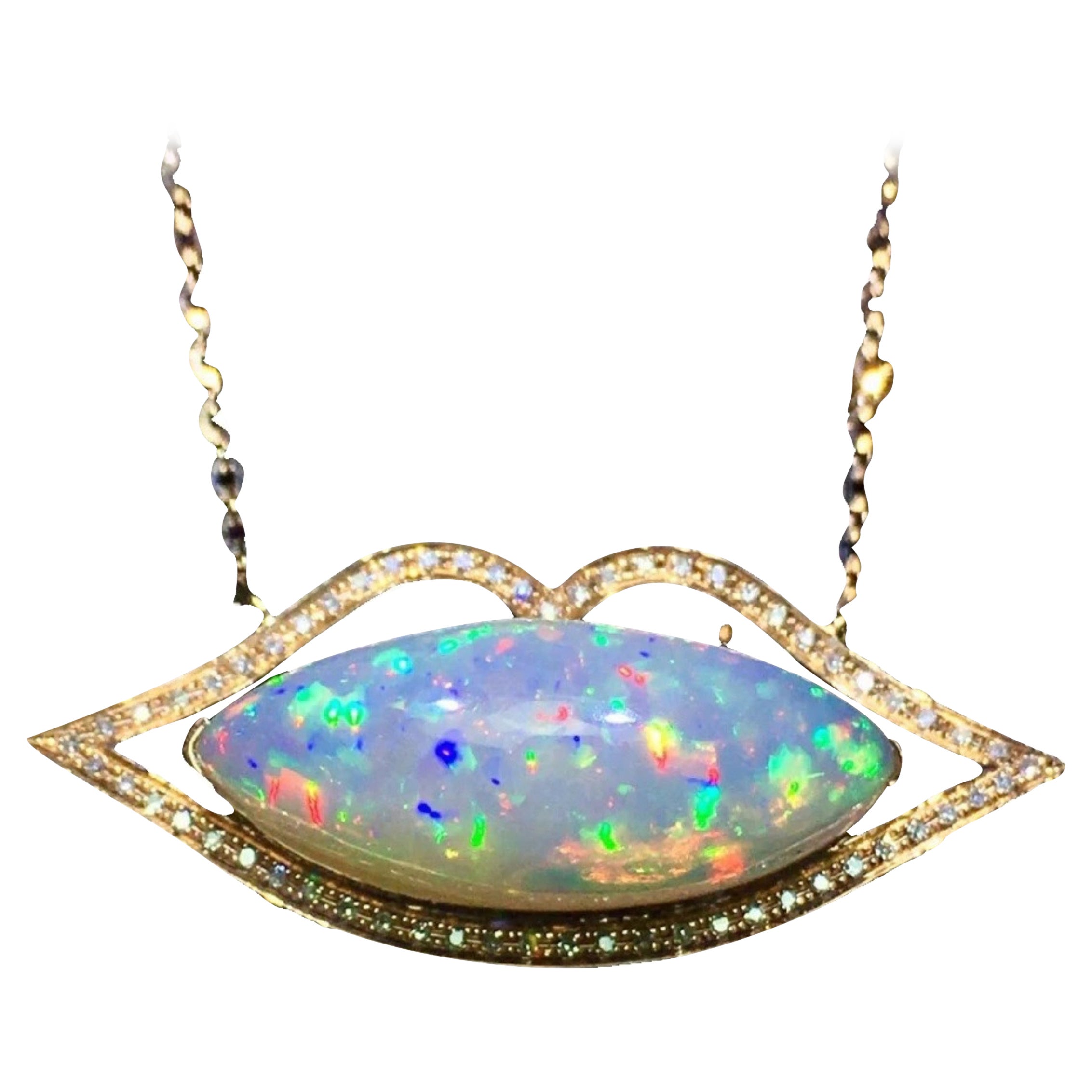 6.9 Carat Opal Diamond Necklace 18 Karat Yellow Gold For Sale