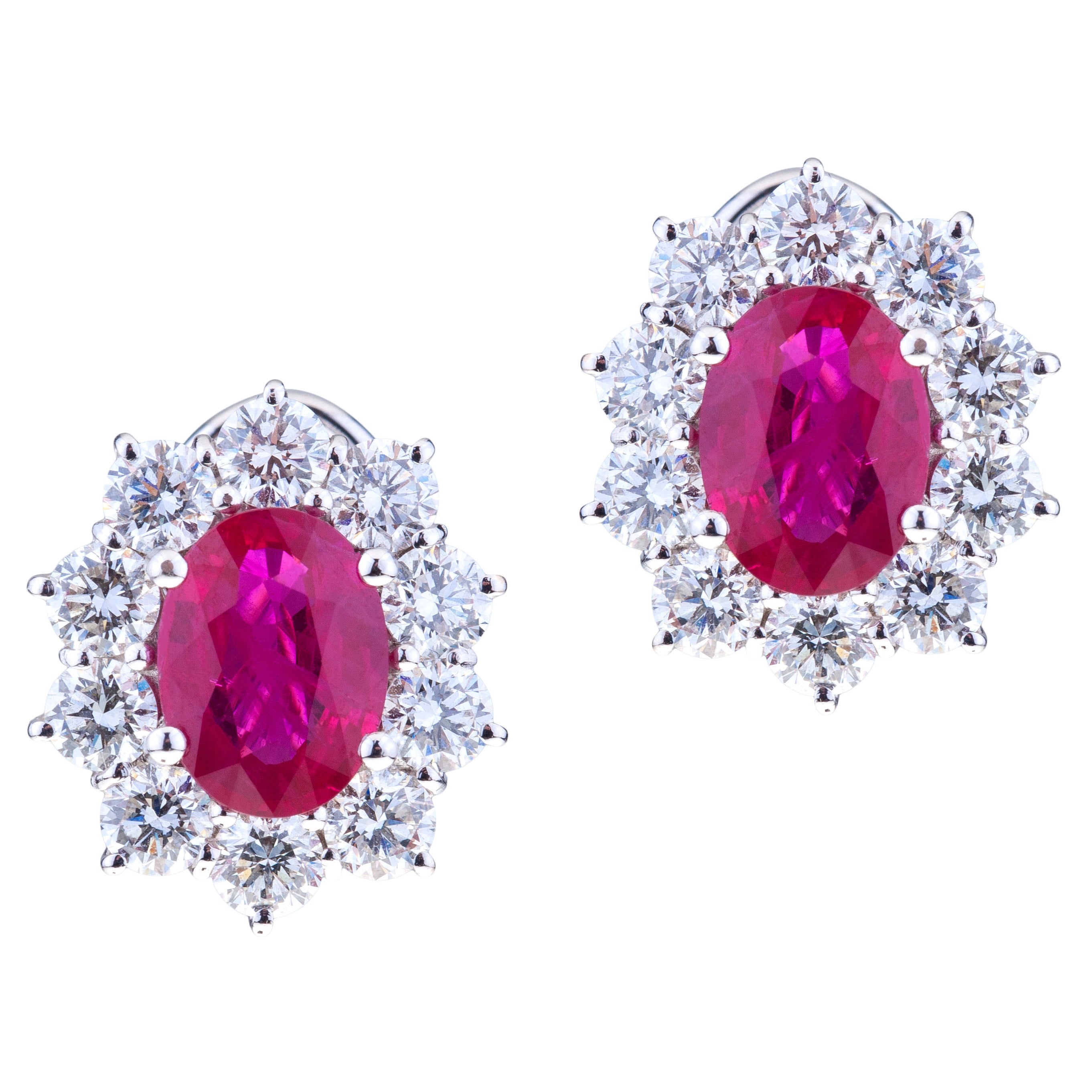 Oval Burma Red Ruby with Round Diamonds White Gold Earrings For Sale