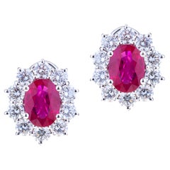 Oval Burma Red Ruby with Round Diamonds White Gold Earrings