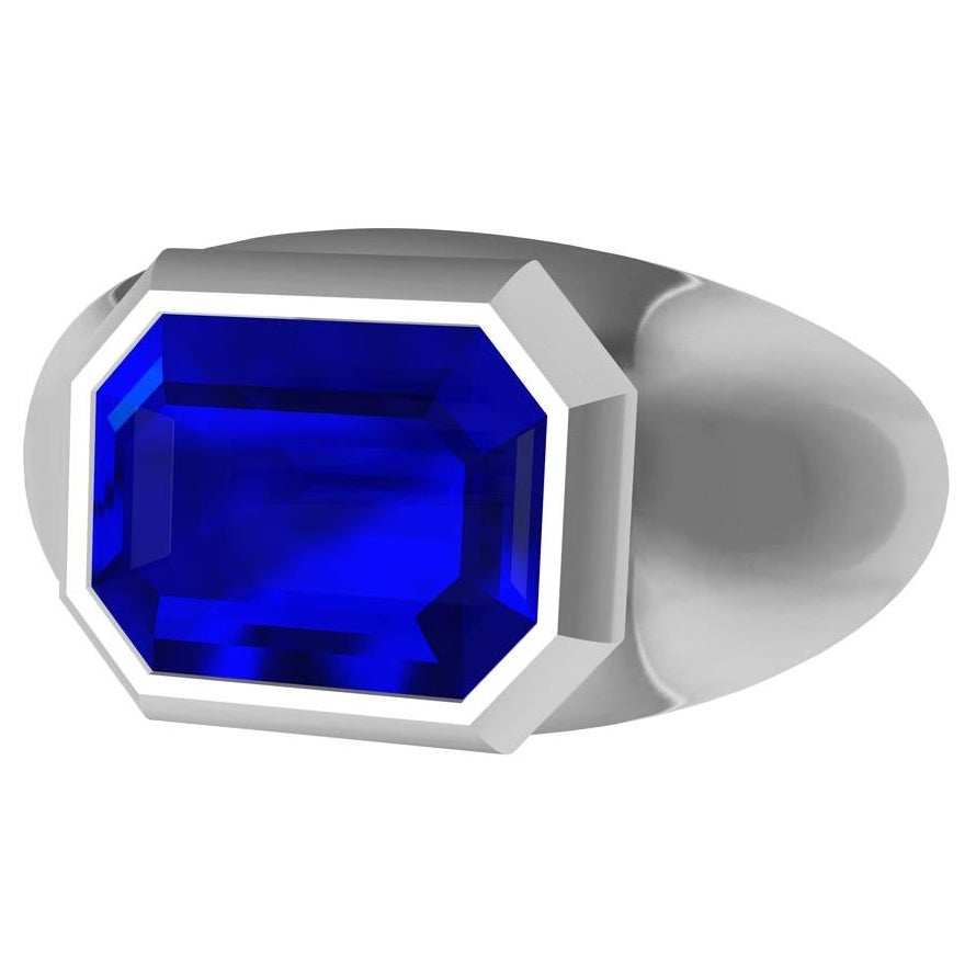 18 Karat White Gold Unisex Sculpture Ring 2.54 Carat Emerald Cut Blue Sapphire